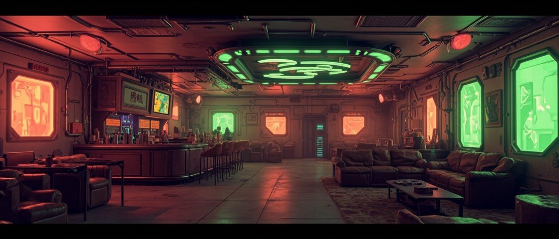 A warm, lived-in station common room lit by soft acid-green glow, off the clock.