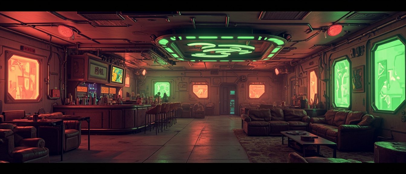 A warm, lived-in station common room lit by soft acid-green glow, off the clock.