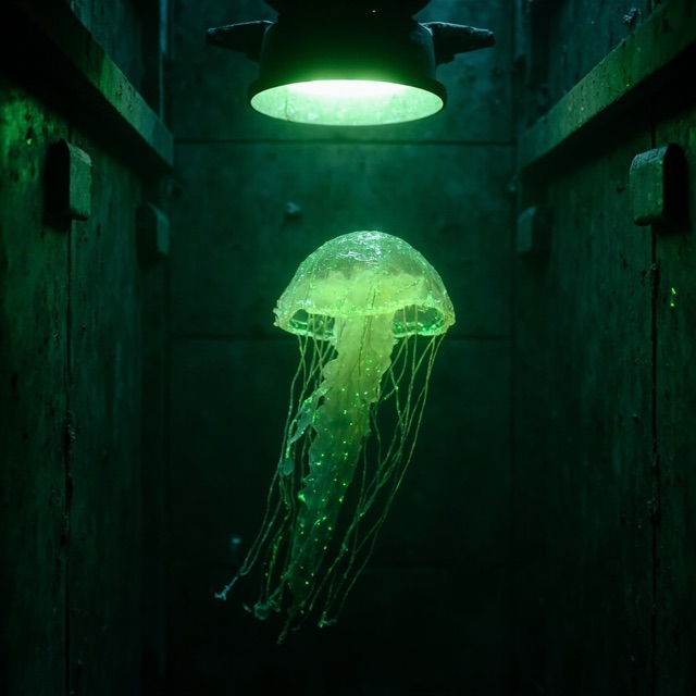 Containment-cell surveillance portrait of The Glitch-Glow Phantasm.