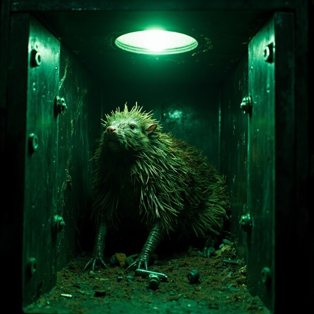 Containment-cell surveillance portrait of The Magneto-Mole.