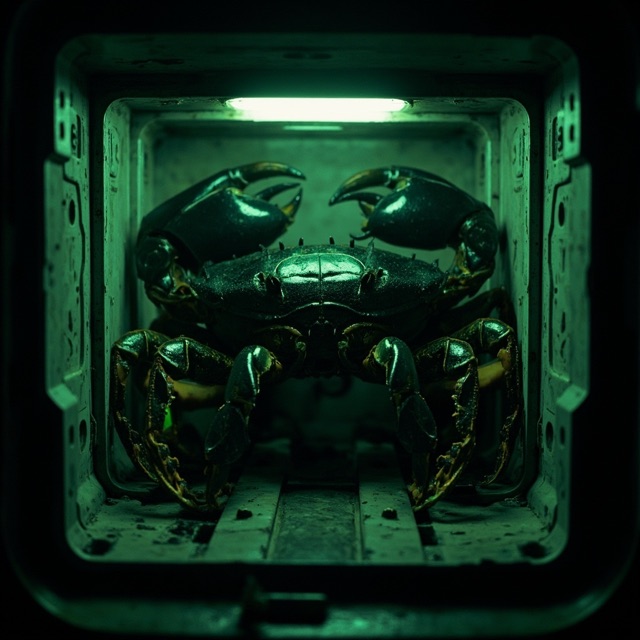Containment-cell surveillance portrait of The Obsidian Mimic-Crab.
