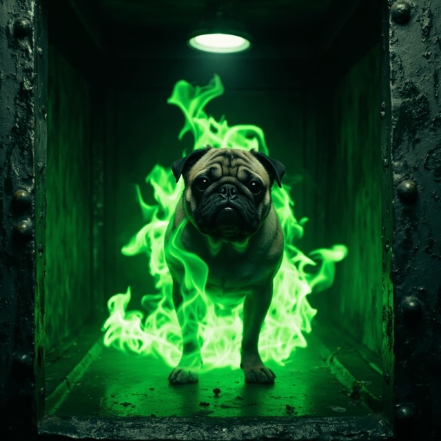 Containment-cell surveillance portrait of The Pyro-Pug.