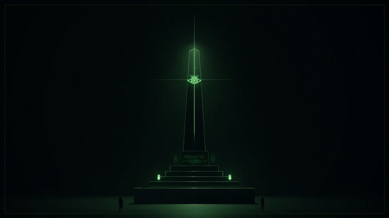 A tall obelisk lit from within by acid-green light, the Solreign eye set near its peak, two small figures standing at its base.