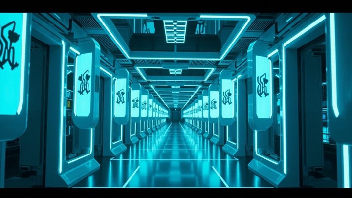 A pristine, cold blue-lit corporate station corridor under abstract geometric banners.