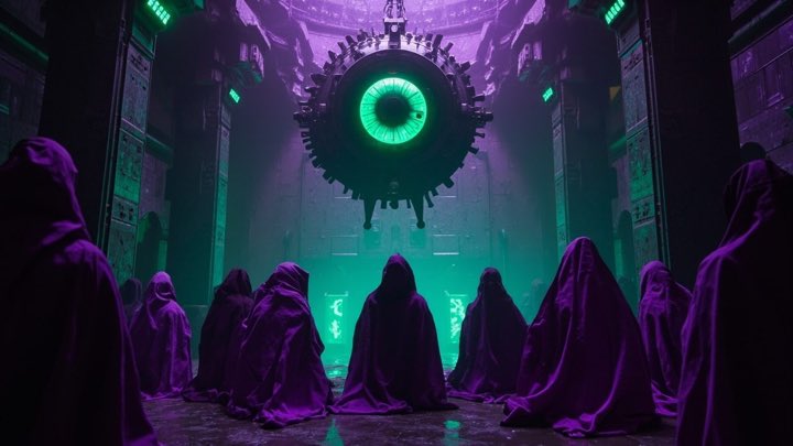 Purple-robed figures kneeling before a giant glowing green mechanical eye in a dark chamber.