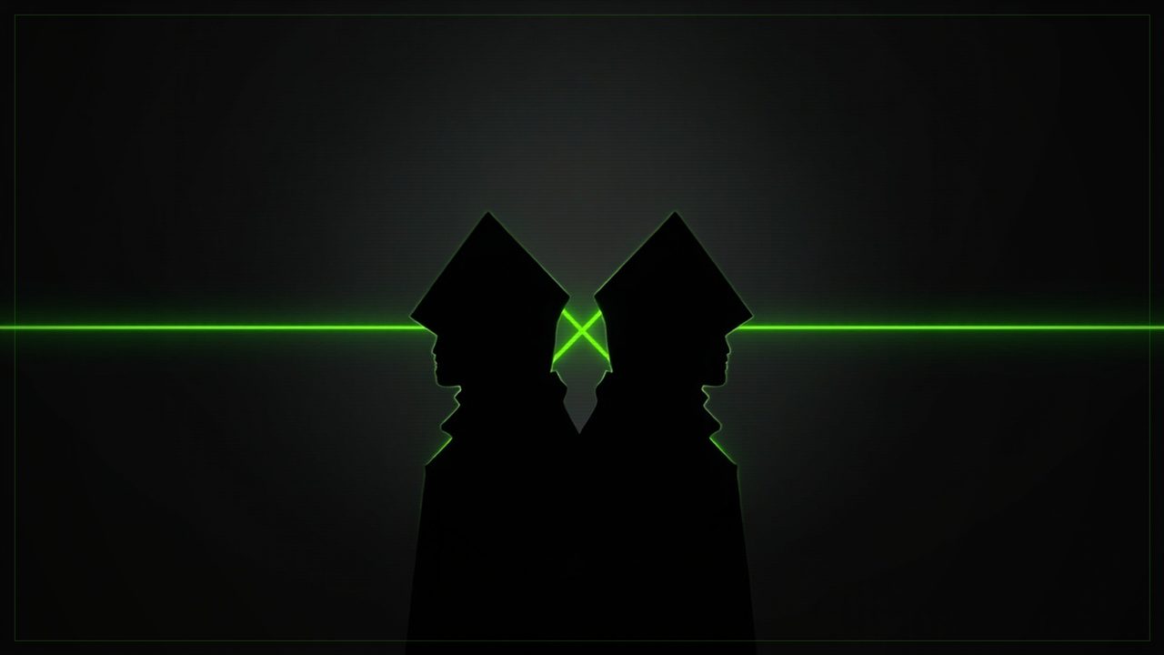 Two hooded operatives facing each other in silhouette, bisected by a single acid-green line that crosses where they meet.