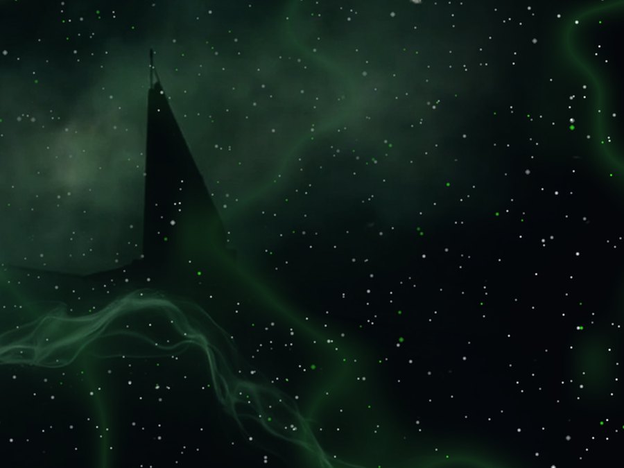 A distant angular satellite silhouette glimpsed against faint acid-green nebula haze.
