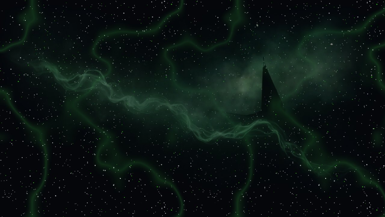 A vast near-black starfield laced with thin acid-green nebula veins, a distant angular satellite silhouette adrift at the edge of the light.