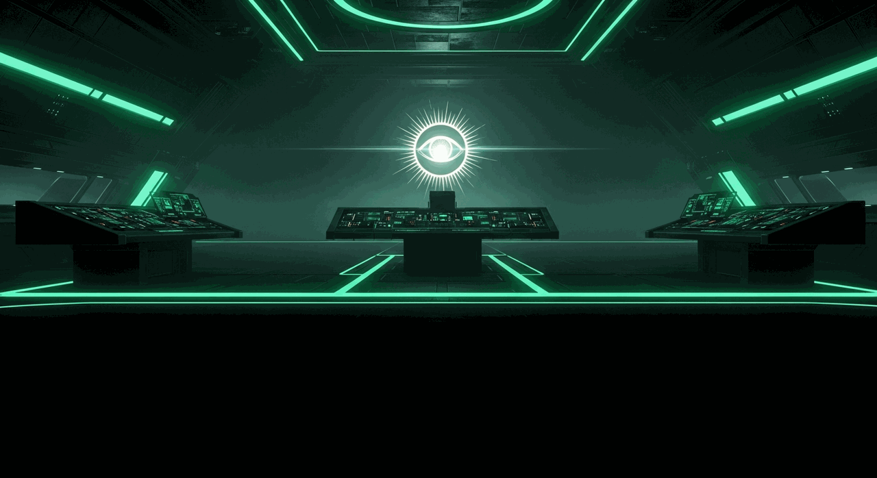 The Solreign command bridge at rest, lit by the eye emblem and a ring of teal power conduits.