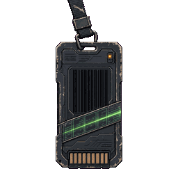 Pixel-art worn boarding clearance badge with a lanyard loop, barred portrait field, contact strip, and holographic band.
