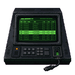 Pixel-art industrial personnel archive terminal with a phosphor CRT, service keys, and a cracked biometric reader.